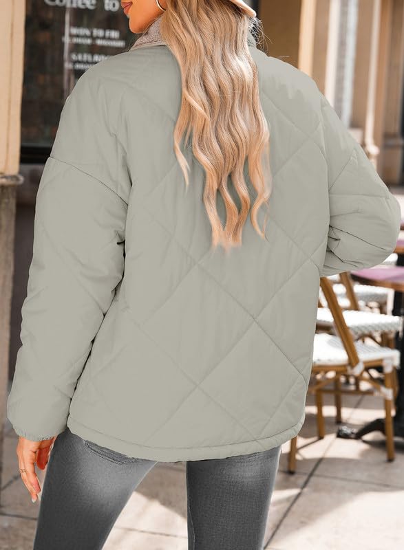 Dokotoo Womens Winter Quilted Jackets for Women 2026 Trendy Warm Puffer Padded Long Sleeve Quilted Outerwear Jacket Casual Thicken Winter Coats with Pockets Grey Large
