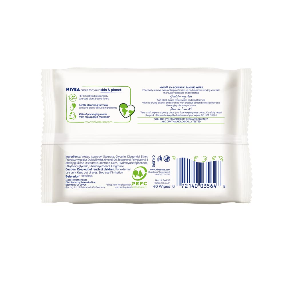 NIVEA 3in1 Caring Cleansing Wipes for Face and Eyes, Effective as a Waterproof Makeup Remover, Gentle Facial Cleanser for Dry and Sensitive Skin, 40 Ct