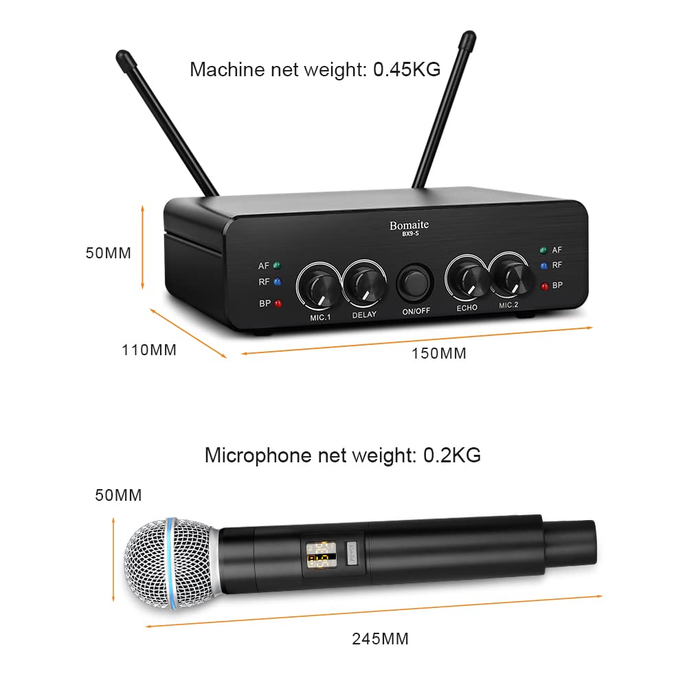 Bomaite BX9-S UHF Wireless Microphone System, Karaoke Microphone Wireless Mic Cordless Dual with Volume Control and Echo,DEALY for Karaoke Singing Speech Meeting Church DJ Party, 165FT