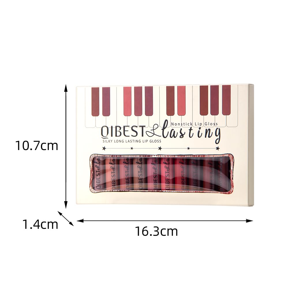 QiBest 12Pcs Matte Liquid Lipstick Set for Girls & Women, 24 Hours Long Lasting Waterproof Nude & Dark Red Lip Gloss Makeup Gift Kits, Velvet Non-Stick Cup Mate Duracion 24 Horas Originales Lip Stains