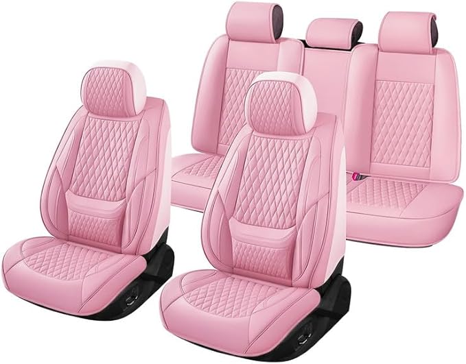 Car Seat Covers Full Set Custom Fit for Saturn Ion 2003-2010 - Premium Faux Leather with Lumbar Support | Breathable, Waterproof, Anti-Slip, Durable (Pink,Full Set)