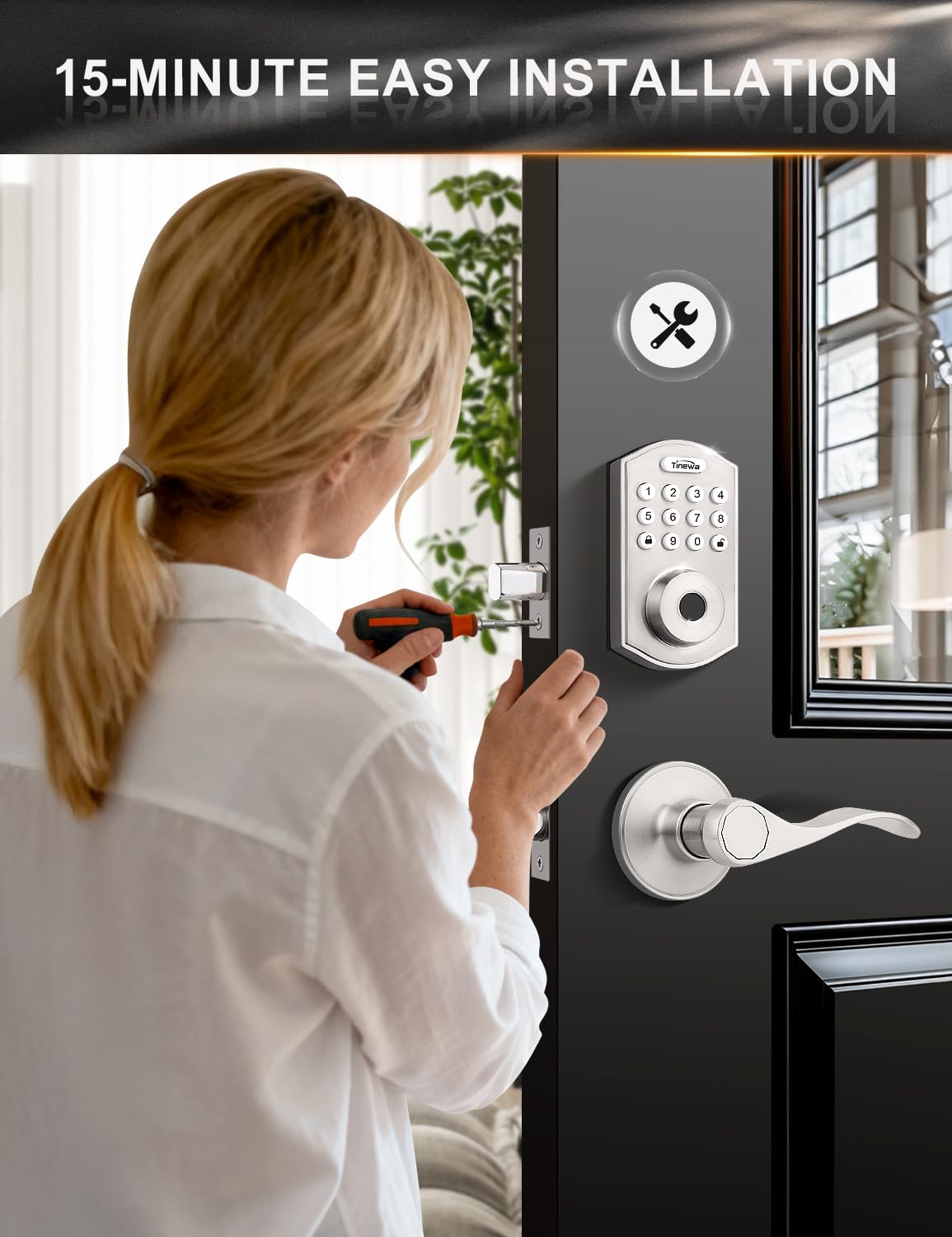 Tinewa Smart Locks for Front Door - Satin Nickel Keyless Entry Door Lock with Wave Lever Handle, Electronic Digital Keypad Deadbolt with Fingerprint, APP Control, Easy Installation, Home Security