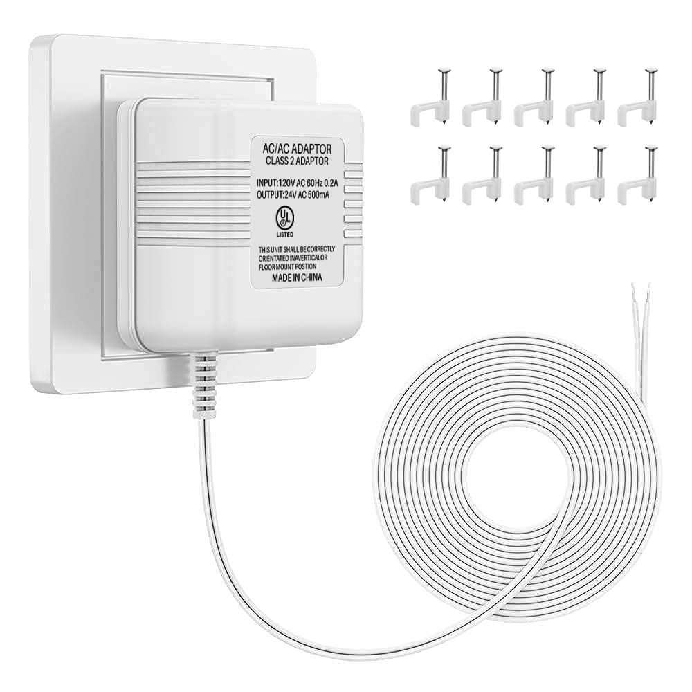 26ft 24V 500mA Doorbell Transformer Compatible with All Ring Versions, Nest, Arlo, Amcrest, Logitech, Wyze, Eufy Doorbells, Thermostats C Wire for Nest, Honeywell, Ecobee, Sensi (UL Certified)