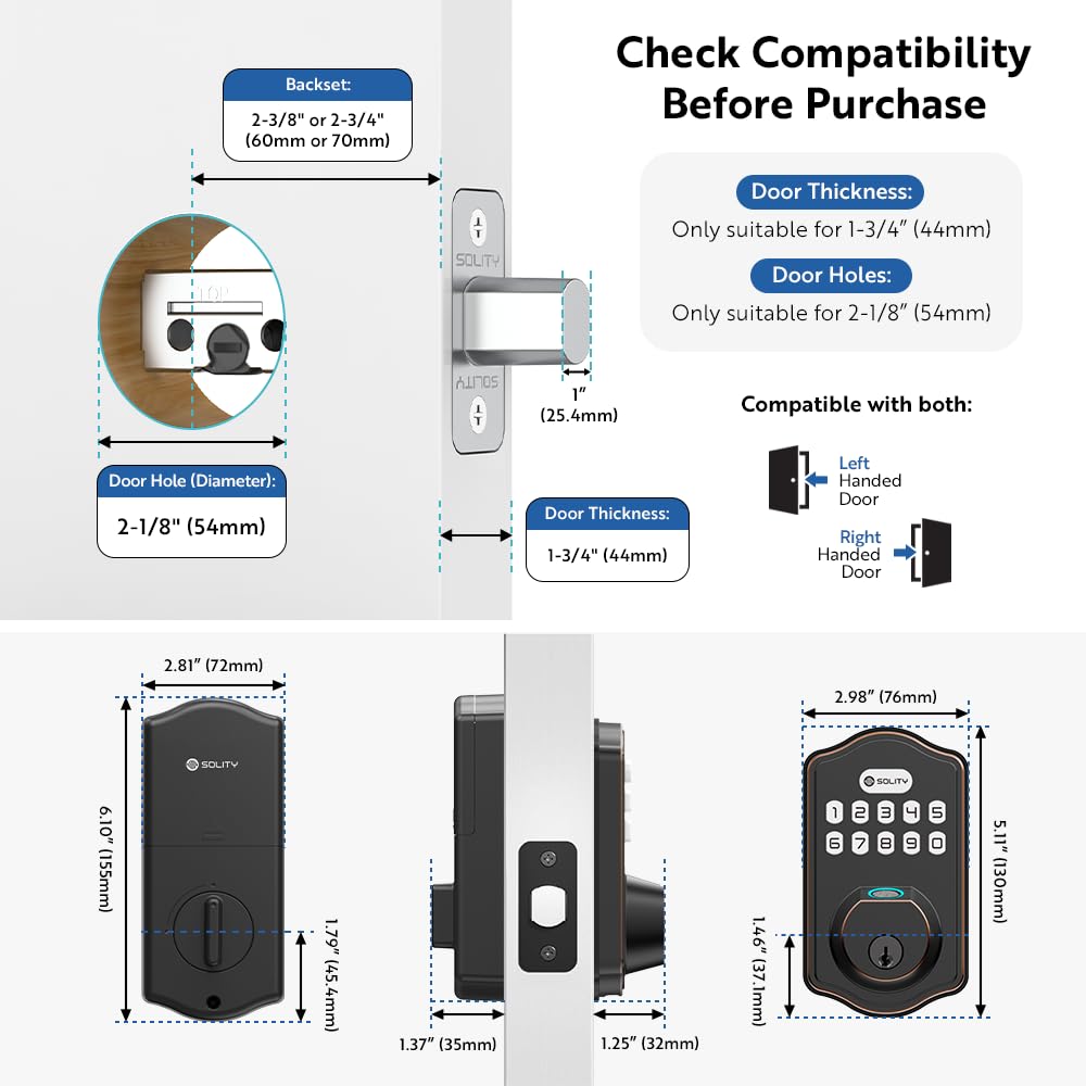 Solity Smart Digital Electronic Deadbolt Door Lock, Keyless Entry, Auto Lock, 50 Custom Codes & Fingerprints, Easy Installation, Keypad for Front & Back Door, AT10 (Oil Rubbed Bronze)