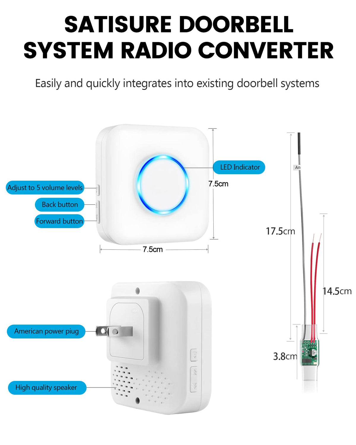 Satisure Wireless Doorbell Chime for Google Nest Doorbell (Wired, 2nd Gen& 3rd Gen) Doorbell Extender with Receiver Connects to Existing Hardwired 58 Chimes and 5 Volume (1 Video Extender 1 Receiver)