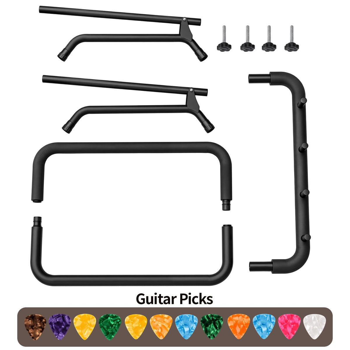 Tipatyard 3 Multi Guitar Stand Rack with 12 Guitar Picks - Foldable Multi Guitar Rack with Guitar Picks in 4 Thicknesses - Universal Guitar Holder for 5 Guitars - Ideal for Acoustic Guitar, Electric Guitar, Bass