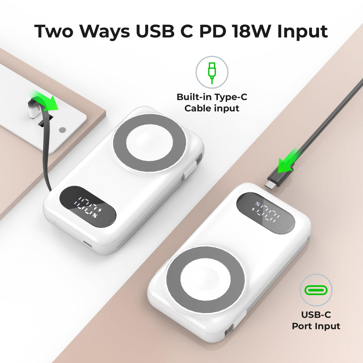 HUAENG Magnetic Portable Charger 26800mAh for iPhone 17/16/15/14/13/12 with Built-in Cables,6-in-1 Wireless Power Bank with iWatch Charger and Compatible with Samsung, Android Phones(White)