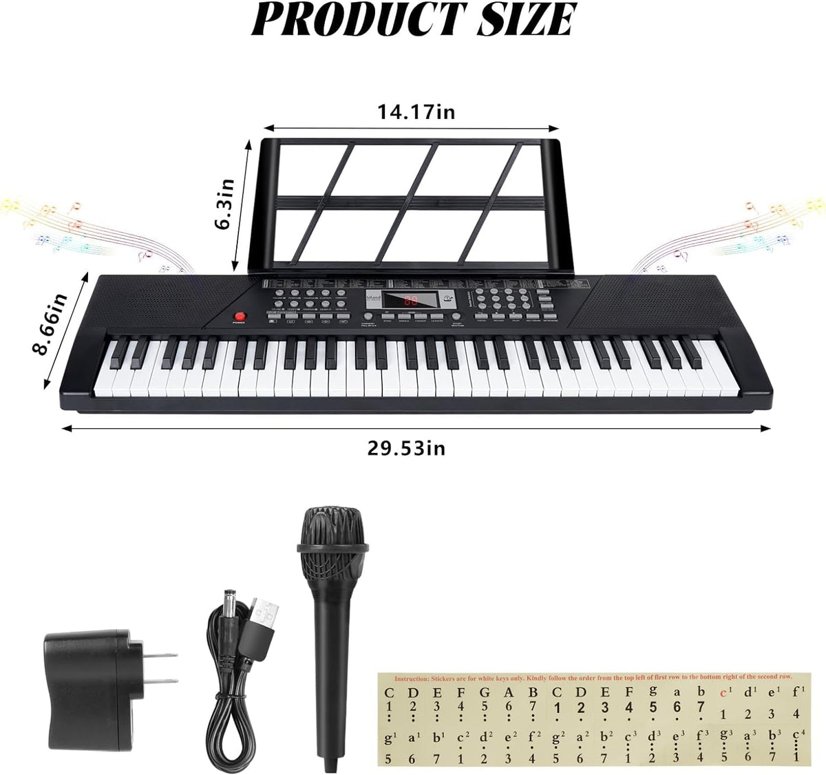 61 Keys Keyboard Piano,Electric Digital Piano,with Built-In Speaker Microphone,Piano Note Stickers,Sheet Music Stand and Power Supply,Portable Keyboard Piano for Beginners Girls Boys