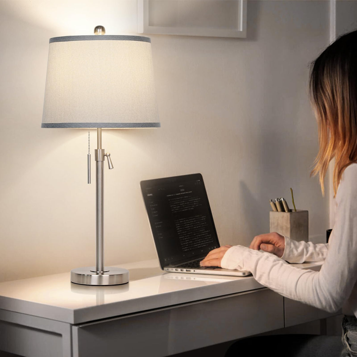JUNNAI Table Lamps Set of 2, Bedside Lamp Silver Tall Table Lamps for Living Room End Tables, 22" to 30" Adjustable Height Lamp for Bedroom Nightstand Farmhouse with Pull Chain(Bulbs Included)
