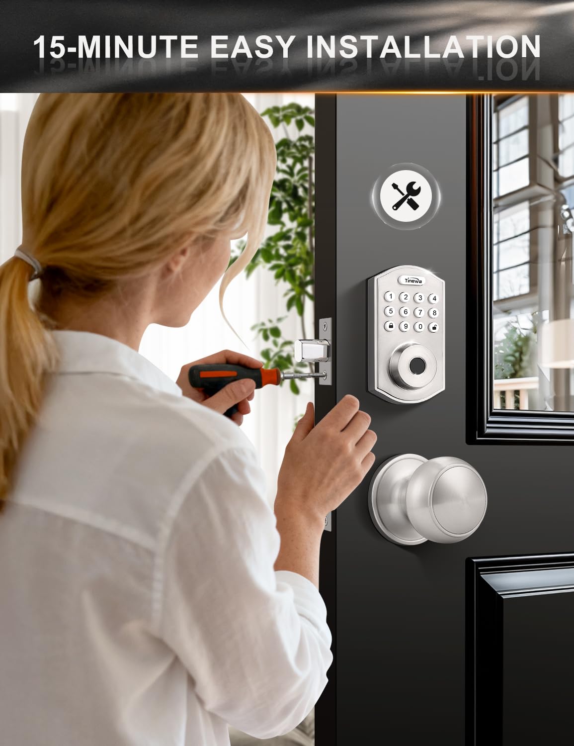 Tinewa Smart Locks for Front Door - Satin Nickel Keyless Entry Door Lock with Flat Ball Door Knobs, Electronic Digital Keypad Deadbolt with Fingerprint, APP Control, Easy Installation, Home Security