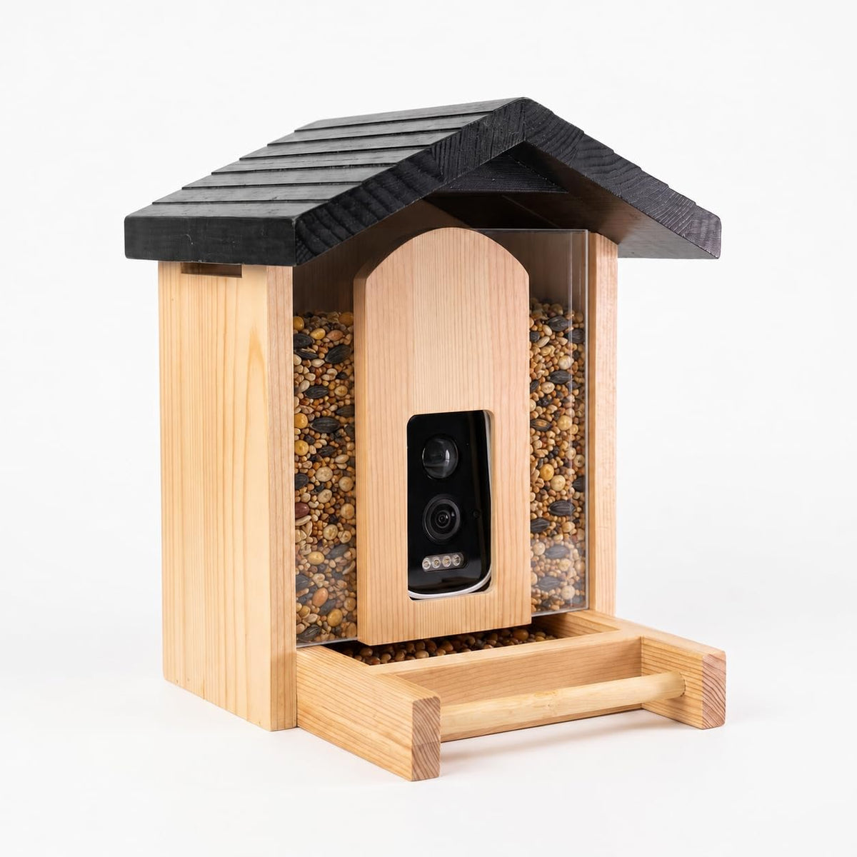 Smart Wooden Bird Feeder with 2.5k Ultra-Wide-Angle AI Camera Solar Powered