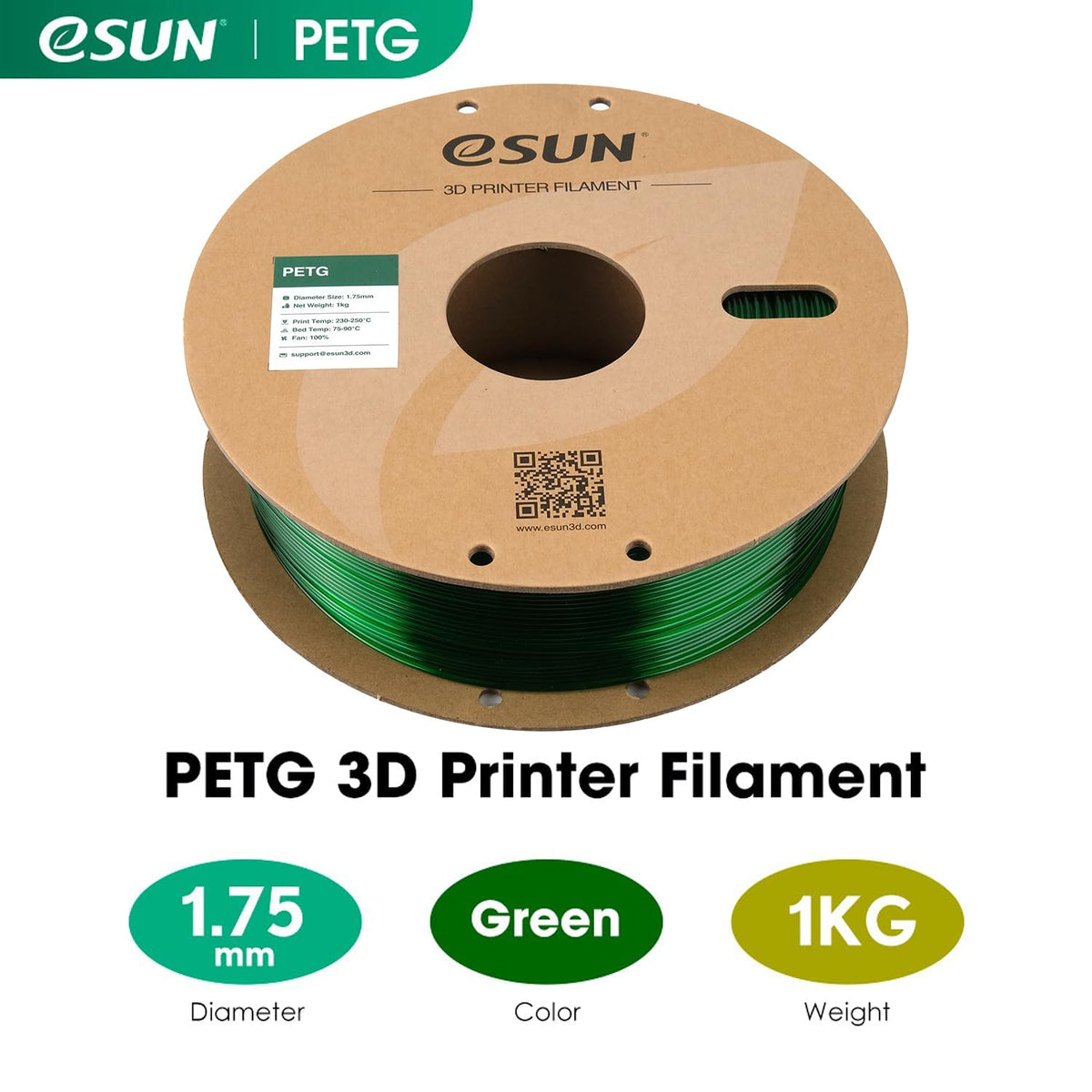 eSUN PETG Filament 1.75mm, 3D Printer Filament PETG, Dimensional Accuracy +/- 0.05mm, 1KG Spool (2.2 LBS) 3D Printing Filament for 3D Printers, Green