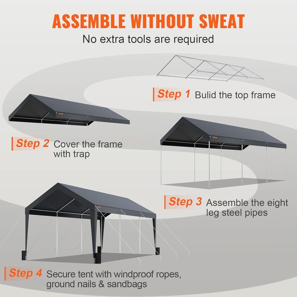 VEVOR Carport Car Canopy 10x20ft, Upgraded Heavy Duty Car Port Garage Boat Shelter Party Tent with 8 Reinforced Poles and 4 Weight Bags, UV Resistant Waterproof Tarp for SUV, Truck, Boat