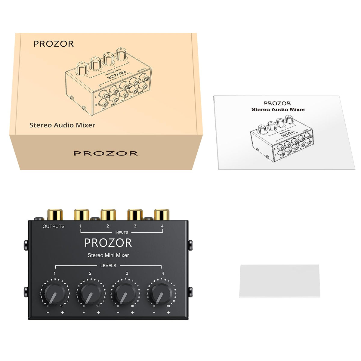PROZOR 4-Channel Stereo Audio Mixer, RCA Input Independent Volume Controls