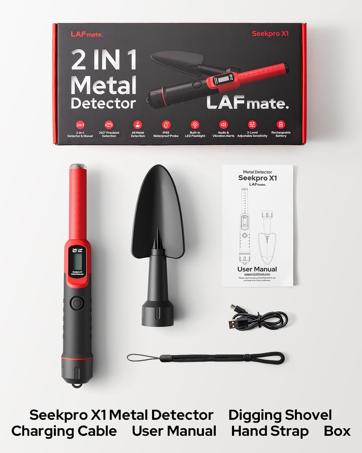 2-in-1 Metal Detector Pinpointer with Digging Shovel, LAFMATE Handheld Pin Pointer Wand with 360° Detection, IP68 Waterproof, 3 Sensitivity Levels & Dual Alert Modes, for Adults Kids Treasure Hunting