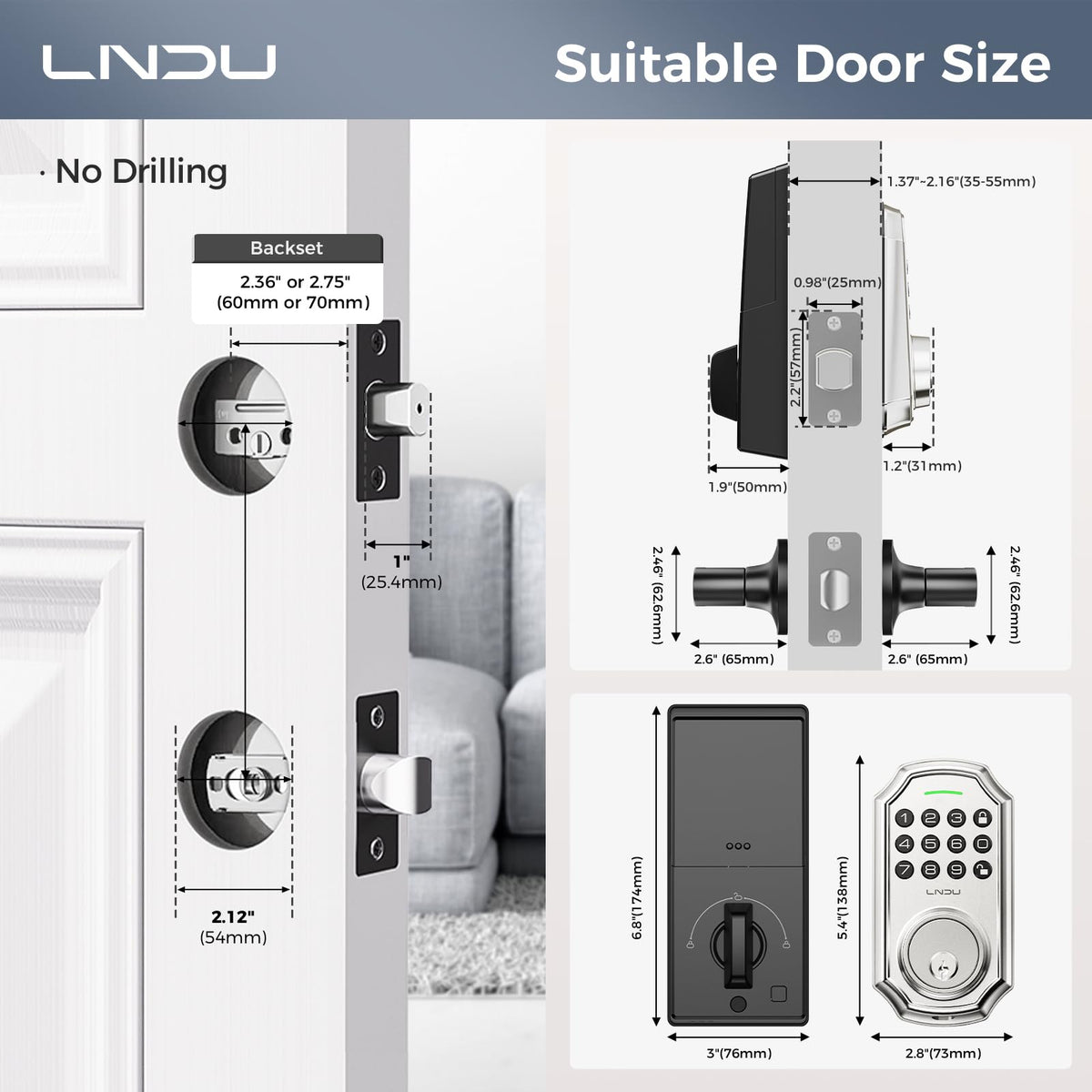 Keyless Entry Door Lock with 2 Levelers - Electronic Keypad Deadbolt, Auto Lock & Anti-Peeping Password, Matte Black Smart Locking for Front Door