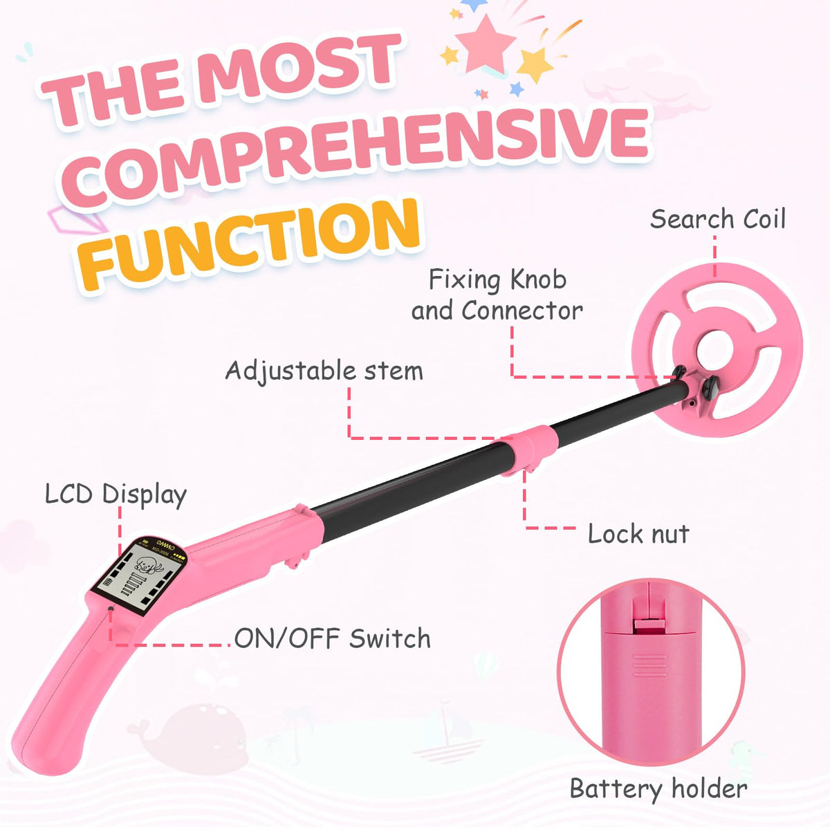 OMMO Metal Detector for Kids, Auto Calibration, LCD Display, Pink