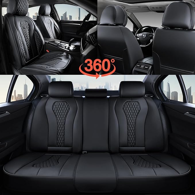 Coverado Seat Covers, Car Seat Covers Full Set, Black Car Seat Cover, Car Seat Covers Front Seats Back Seat Cover, Waterproof Car Seat Cushion, Leather Seat Covers Seat Protector Fit for Most Cars