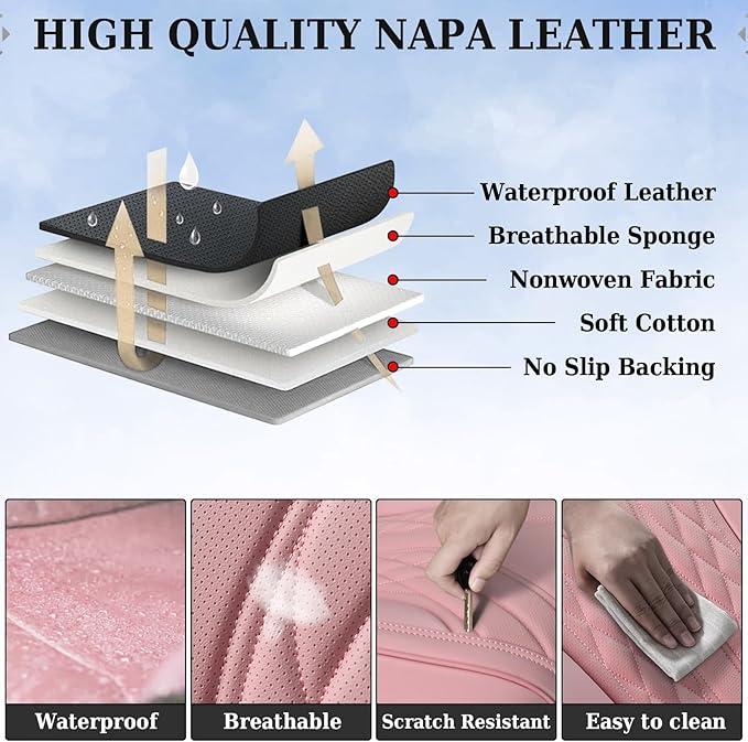Coverado Car Seat Covers Full Set, 5 Seats Front Seat Cover and Back Seat Covers for Cars, Automotive Seat Covers Nappa Leather Waterproof Seat Covers, Car Seat Protectors Universal for Cars Pink