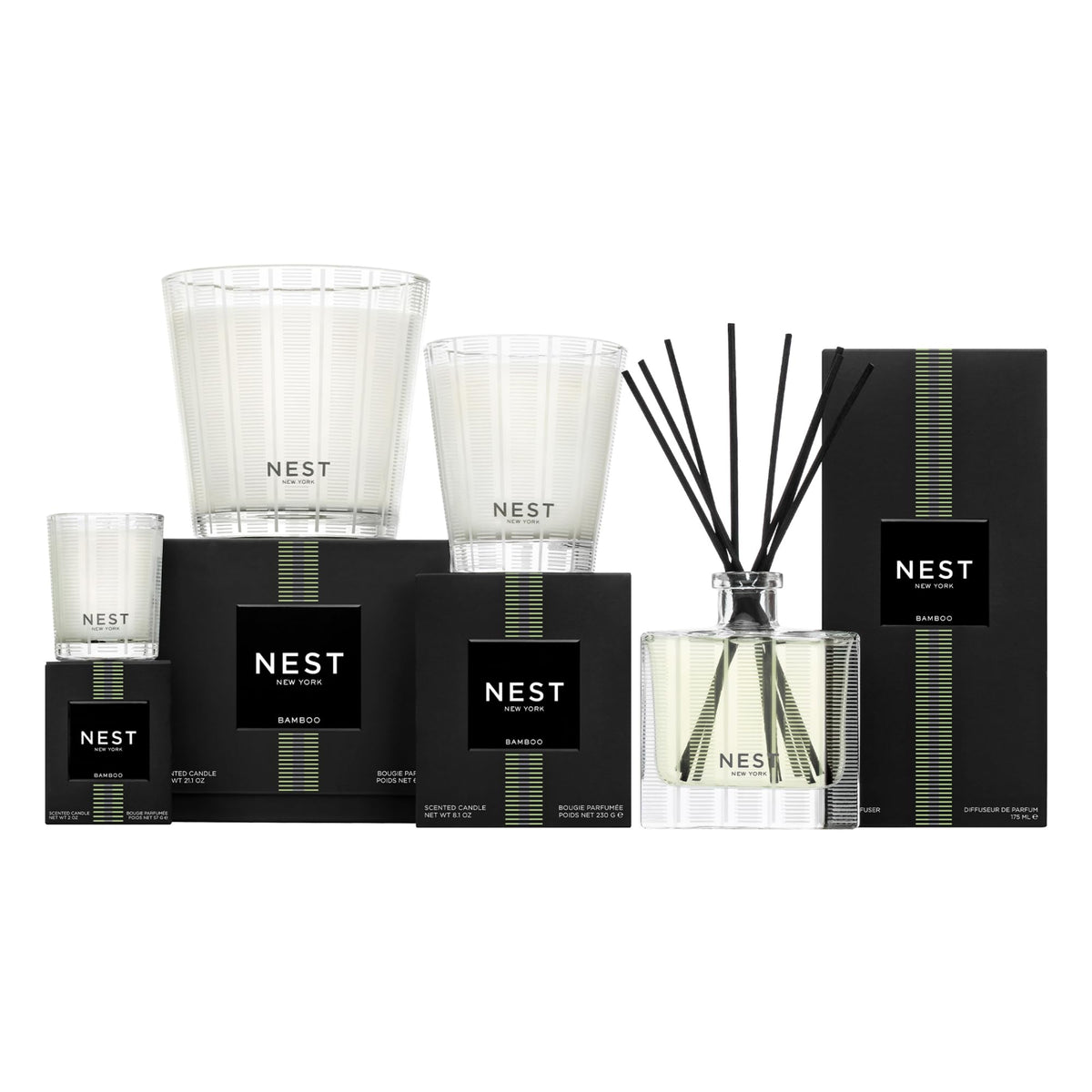 NEST New York Reed Diffuser, Bamboo - 5.9 fl oz - Fragrance for Up to 90 Days - Reusable, Refillable Glass Holder - Includes 8 All-Natural Reed Sticks - Flame Free