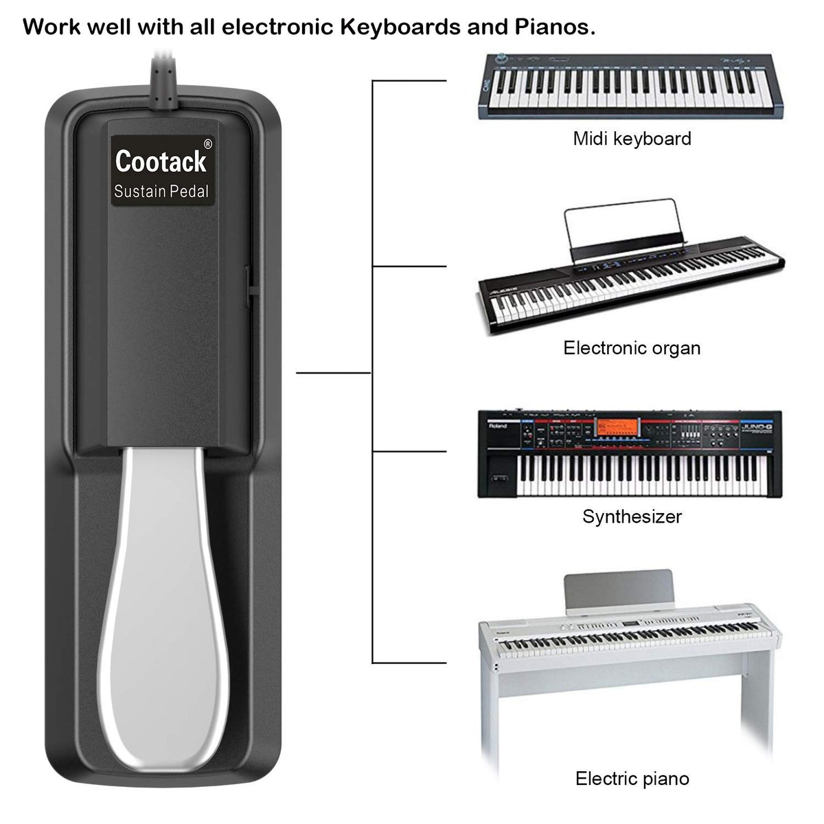 Cootack Universal Sustain Pedal Suitable for Yamaha Casio Roland Electronic Keyboards, Digital Piano & More Silver