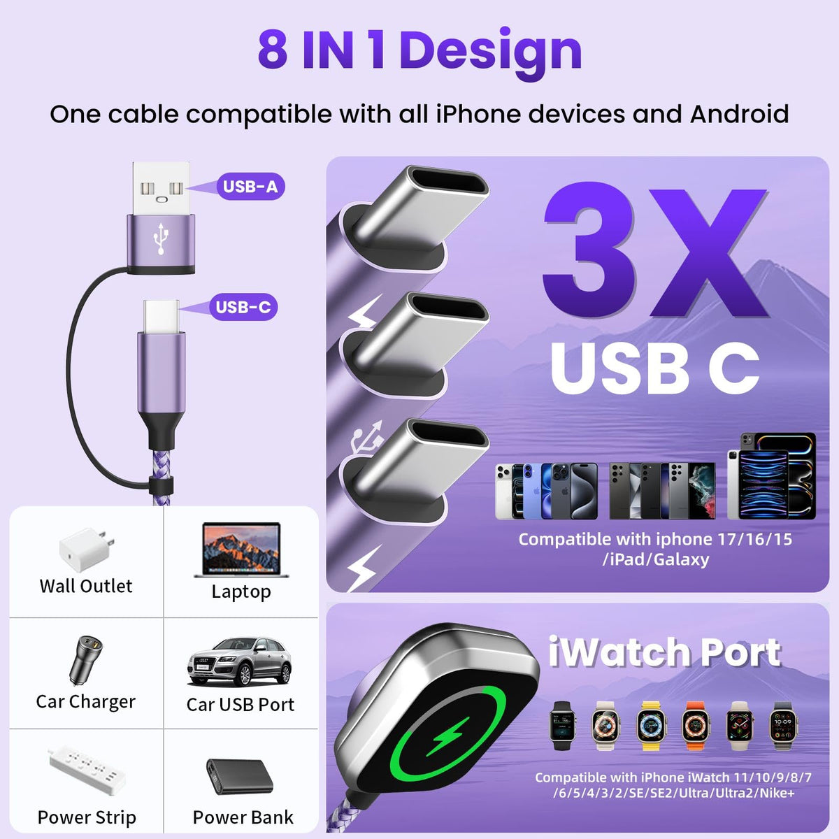 Travel Essentials Multi Charging Cable for iWatch Charger 3 X USB C Cable