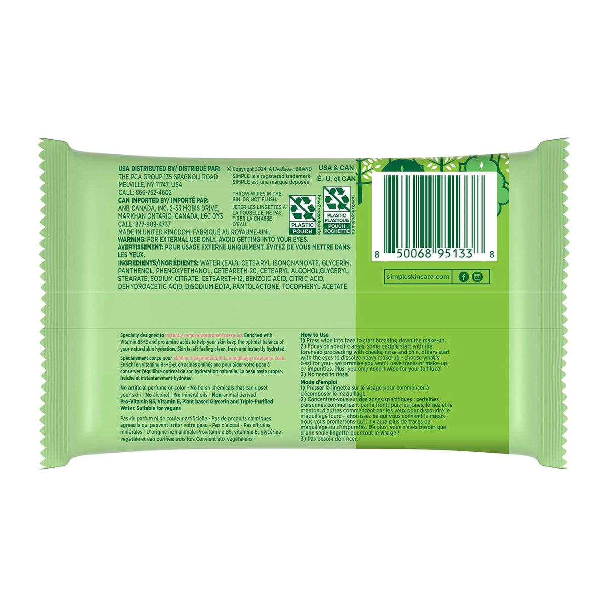 Simple Kind To Skin Cleansing Makeup Remover Wipes - Vegan Facial Cleanser Wipes with Vitamin B5 and E - Removes Waterproof Makeup - 6 pc