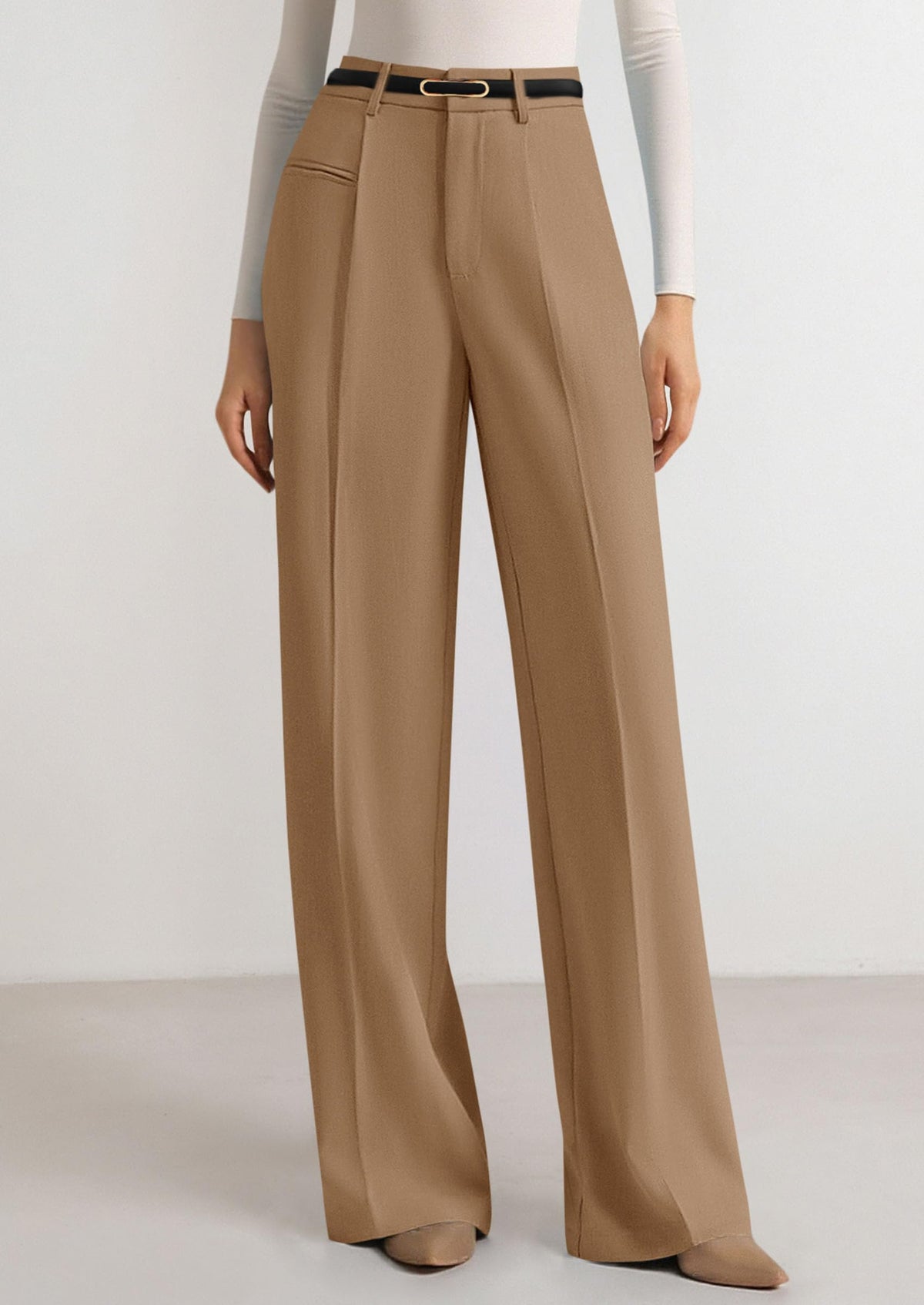 PRETTYGARDEN Women's Tailored Wide Leg Work Dress Pants,Khaki,L