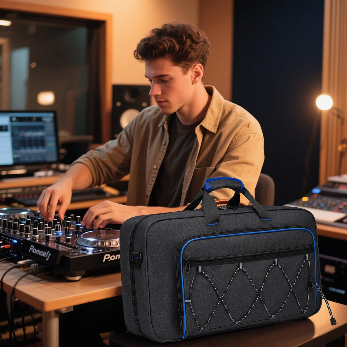 aocrin DJ Bag for DDJ-FLX4/DDJ 400/DDJ REV1, Padded DJ Controller Crossbody Bag with 4 Pockets, for 15.6 Inch Laptop, Cables, DJ Mixer Case with Adjustable Shoulder Strap for DJ Equipment