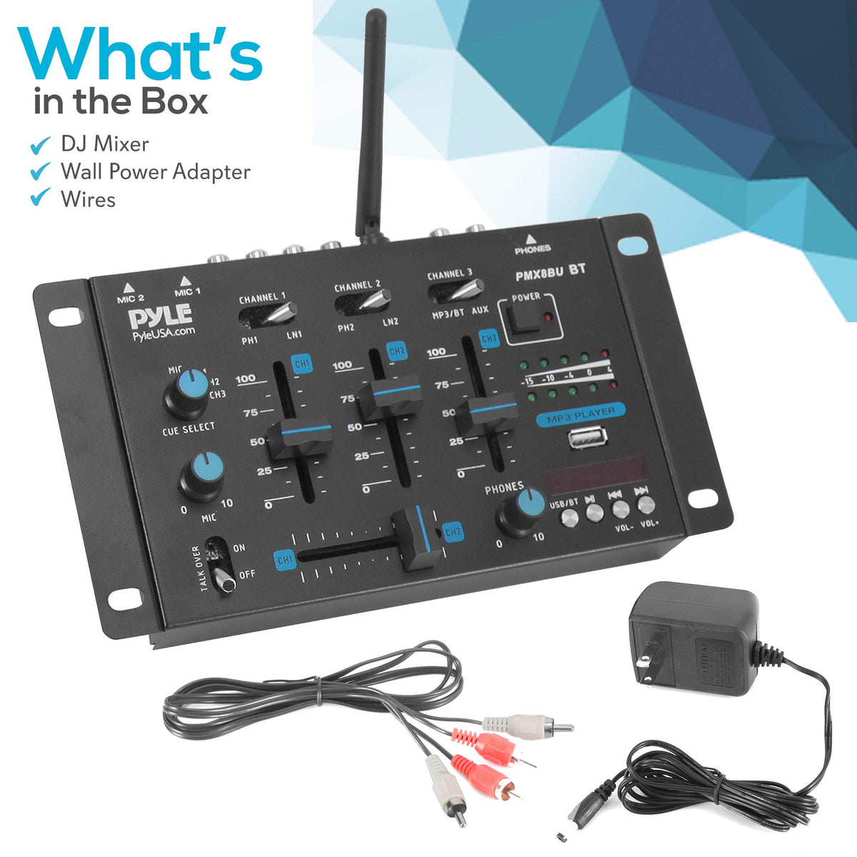 Pyle 3-Channel Professional DJ Mixer w/ Bluetooth - Dual Balanced Mic Inputs w/ Talkover, USB-A MP3 Player, Phono/Line In, CUE Monitor, Crossfader, LED Display for Mobile DJ, Karaoke, Events - PMX8BU