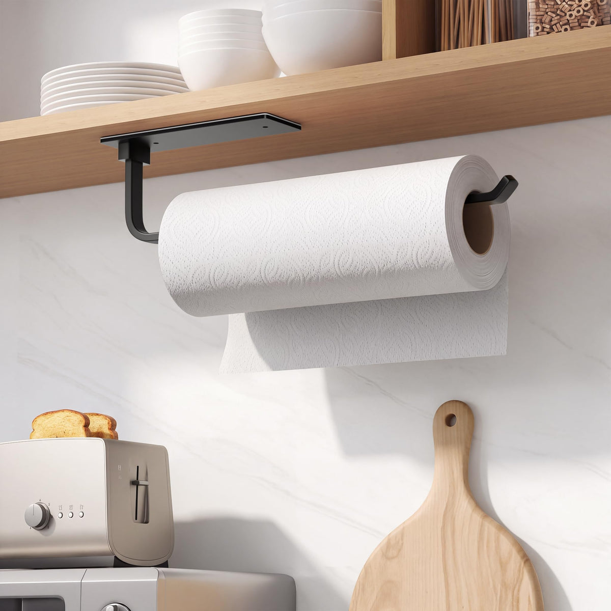 Paper Towel Holder Under Cabinet, Self-Adhesive or Drilling, Matte Black