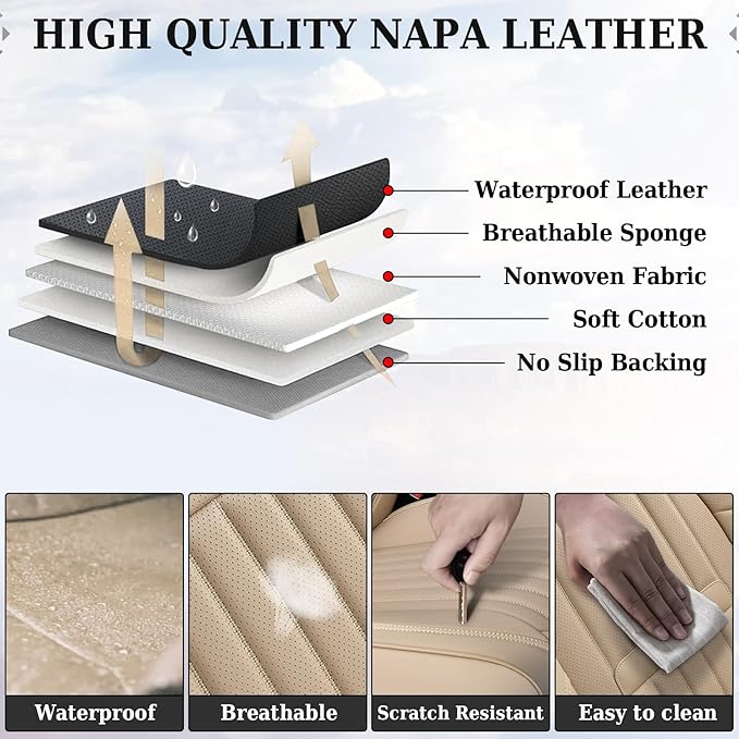 Coverado Beige Nappa Leather Car Seat Covers, Universal Fit Front Seats, 2-Pack Waterproof Seat Covers, Perforated Faux Leather, Compatible with Most Cars Trucks