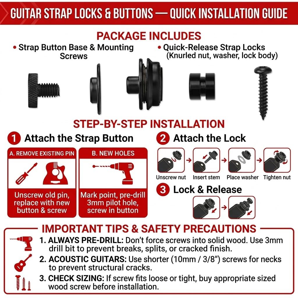 Guitar Strap Locks 2 Pack, Heavy Duty Zinc Alloy Quick Release Strap Buttons, Anti-Slip Mushroom Head Security Locking System for Metal Fasteners for Electric, Acoustic, Bass Guitars Black