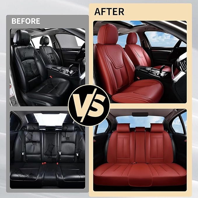 FLORICH Front Seat Covers for Cars, Luxury Waterproof Faux Leather Seat Covers Cushion, Car Seat Protectors Universal Fit for Most 5 Seats Vehicles - Red
