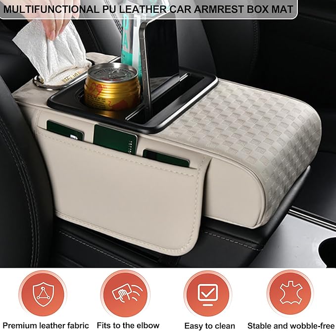 Center Console Cover,Car Armrest Cushion Multifunctional with 2 Storage Bags Cup Holder,Phone Slot,Tissue Box Slot for Most Cars Accessories Interior Organizers-Gray 13.8x7.9 in