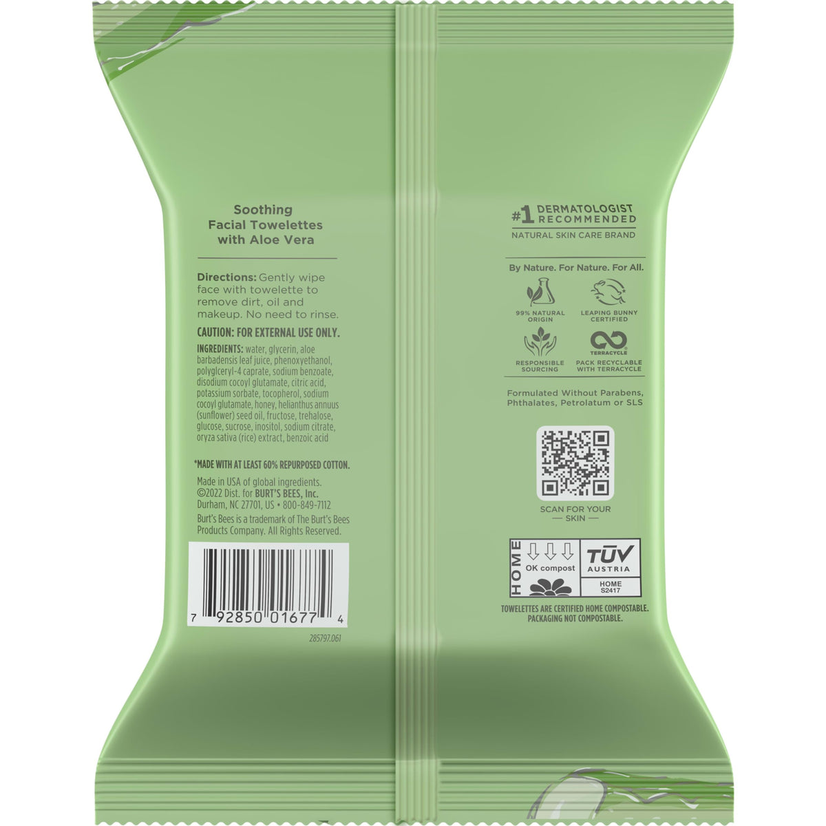 Burt's Bees, Aloe Vera Face Wipes, for Sensitive Skin, Soothing Makeup Remover & Facial Cleansing Towelettes, 30 Count (1 Pack)