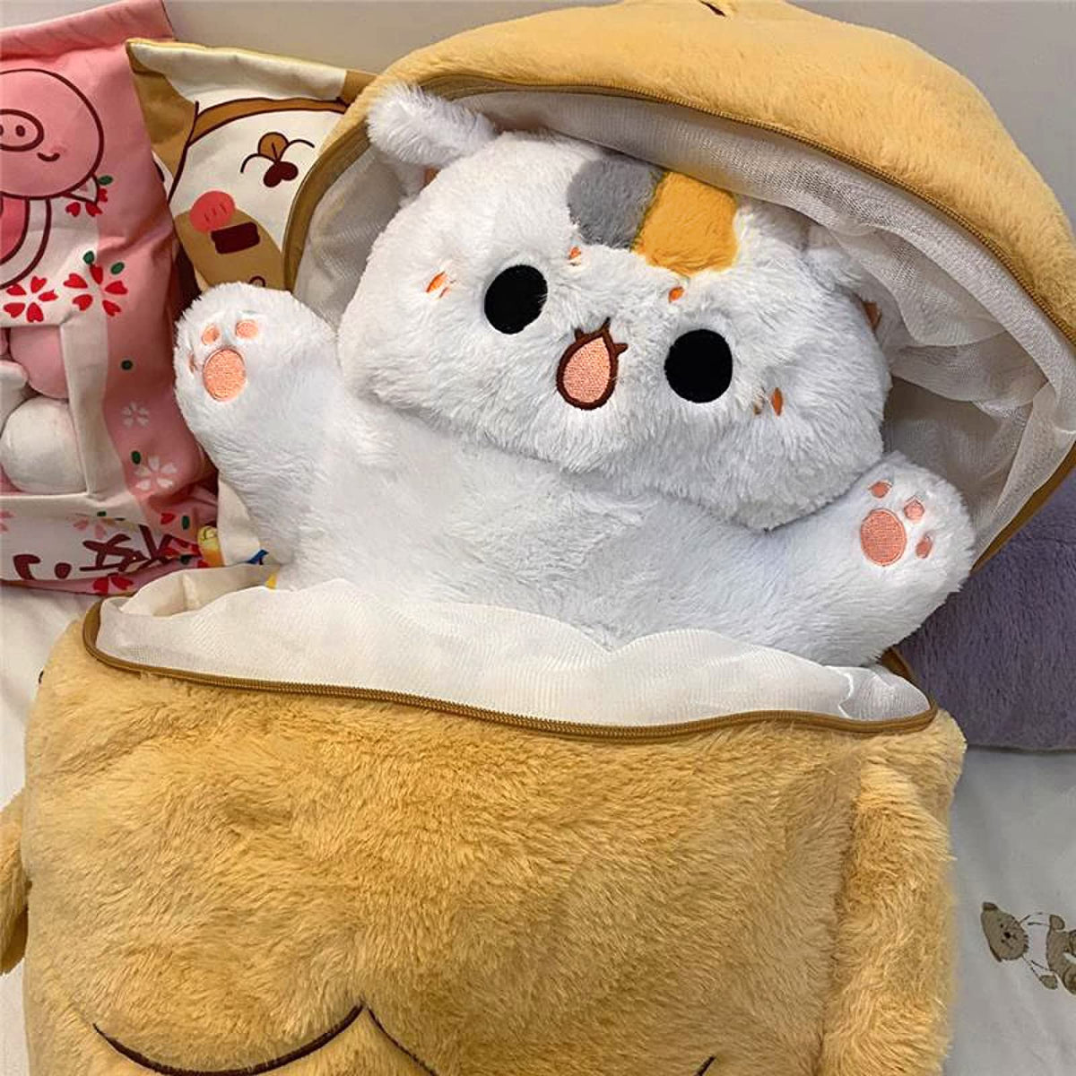 Ditucu 23.6 inch Taiyaki Cat Plush Pillow Cute Kitten Inside Fish 2 in 1 Soft Stuffed Animal Plushies Toys with Outfit Sleeping Doll Gifts for Girls Boys