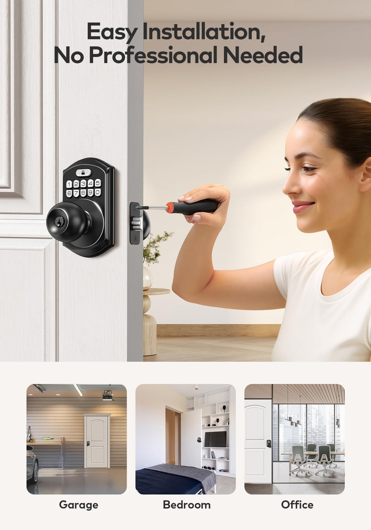 TEEHO TE003 Keypad Door Knob Lock, Keyless Entry Door Handle, Matte Black