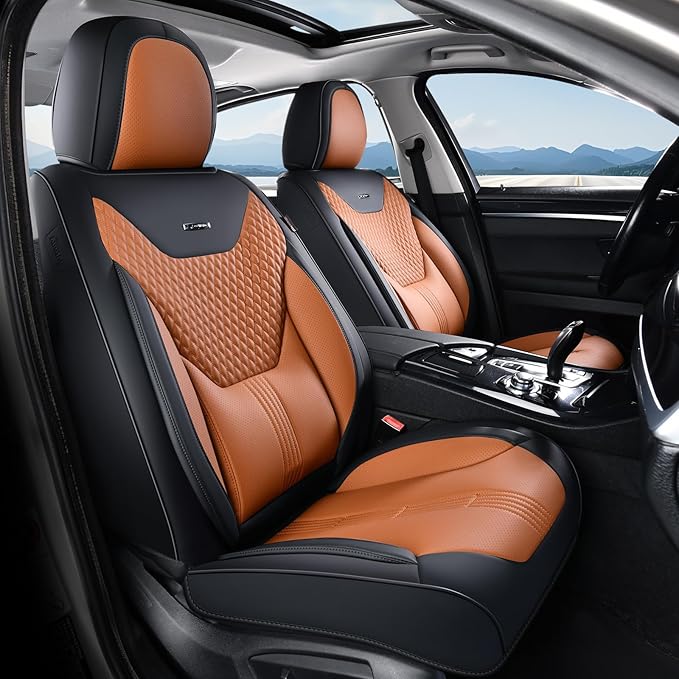 Coverado Car Seat Covers Full Set, Front Seat Covers with Lumbar Support and Back Seat Cover Waterproof Leather Automotive Seat Cover, Universal Car Interior Protectors Cushion for Most Cars