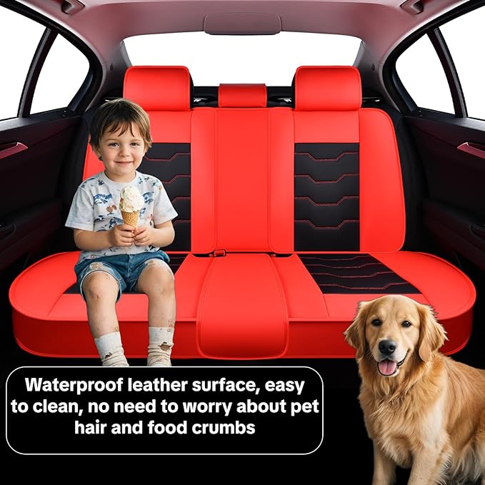 Red Car Seat Covers Complete Set, Universal Car Seat Covers for Cars, Premium Waterproof Leather, Protect & Upgrade Car Interiors, Airbag Compatible, Easy to Install & Clean Up