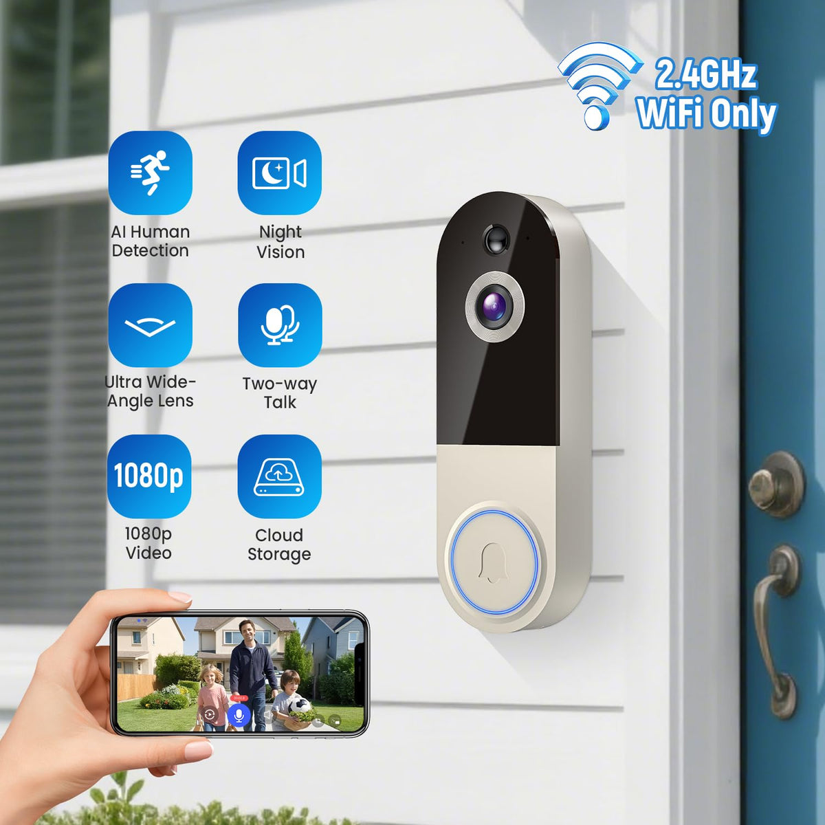 NexoSora 1080p Wireless Doorbell Camera with Receiver, AI Human Detection, 2-Way Audio, Night Vision, Cloud Storage (Sold Separately), Real-Time Alerts, Rechargeable Battery-Powered, 2.4Ghz Wi-Fi