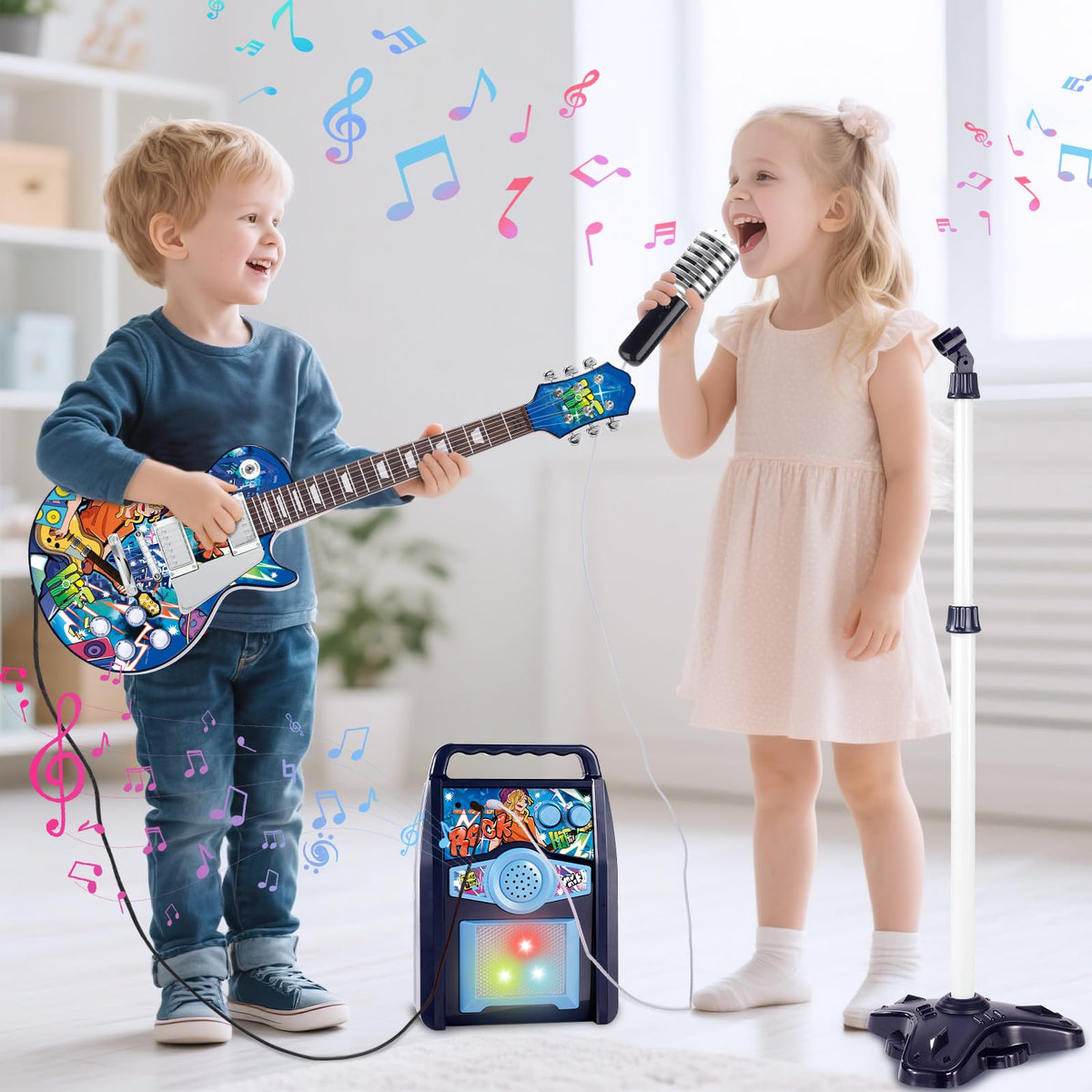 deAO Kids Electric Musical Guitar Play Set,Adjustable Height Microphone,Amplifier Set with Stand, Musical Guitar Play Set,Microphone, Amp, AUX, Birthday for Kids Boys Girls (Blue)