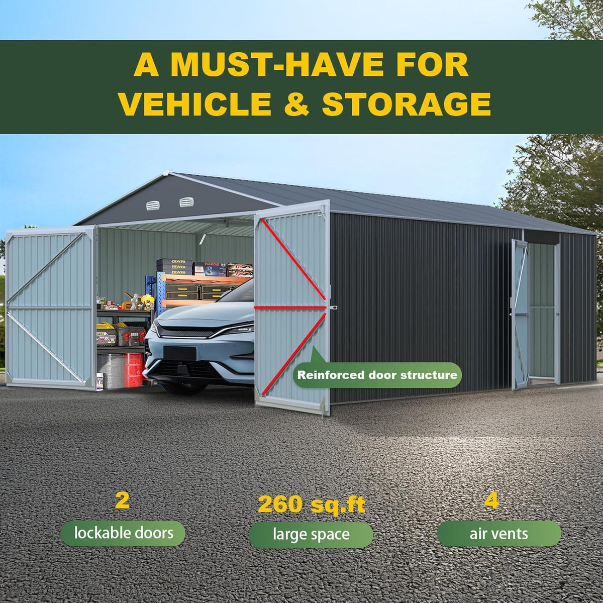 Metal Garage Shed 20x13 FT, Sheds & Outdoor Storage Clearance, Outdoor Storage Shed for Car, Truck, Bike, Lawnmower, Backyard Tool House, Boasting 2 Doors and 4 Vents, Dark Gray
