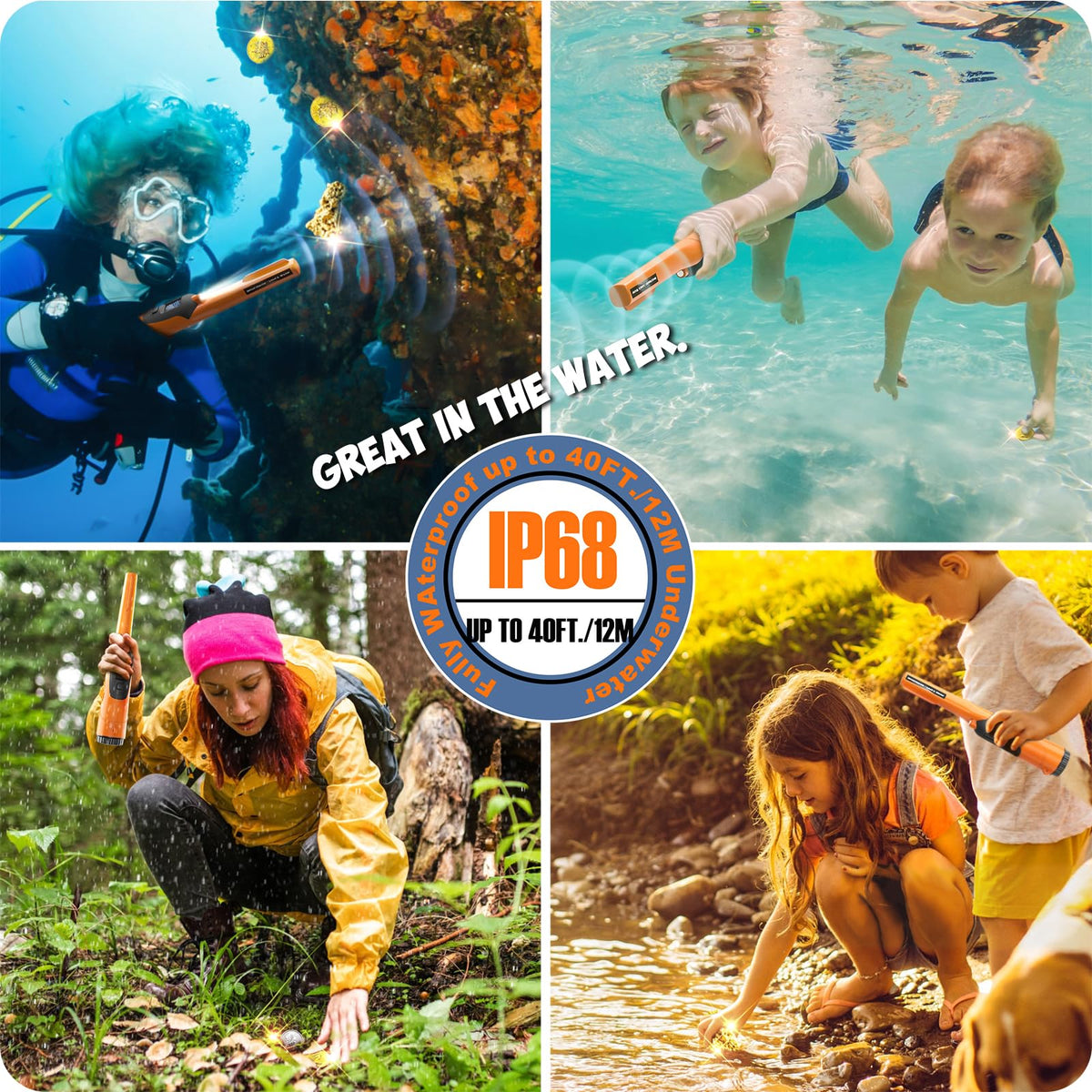Fully Waterproof Pinpointing LCD Gold Metal Detector with LED Flashlight, Portable 360° Scan Searching Pinpointer, IP68 Underwater to 12m/40feet High Sensitive Treasure Hunter for Adults and Kids