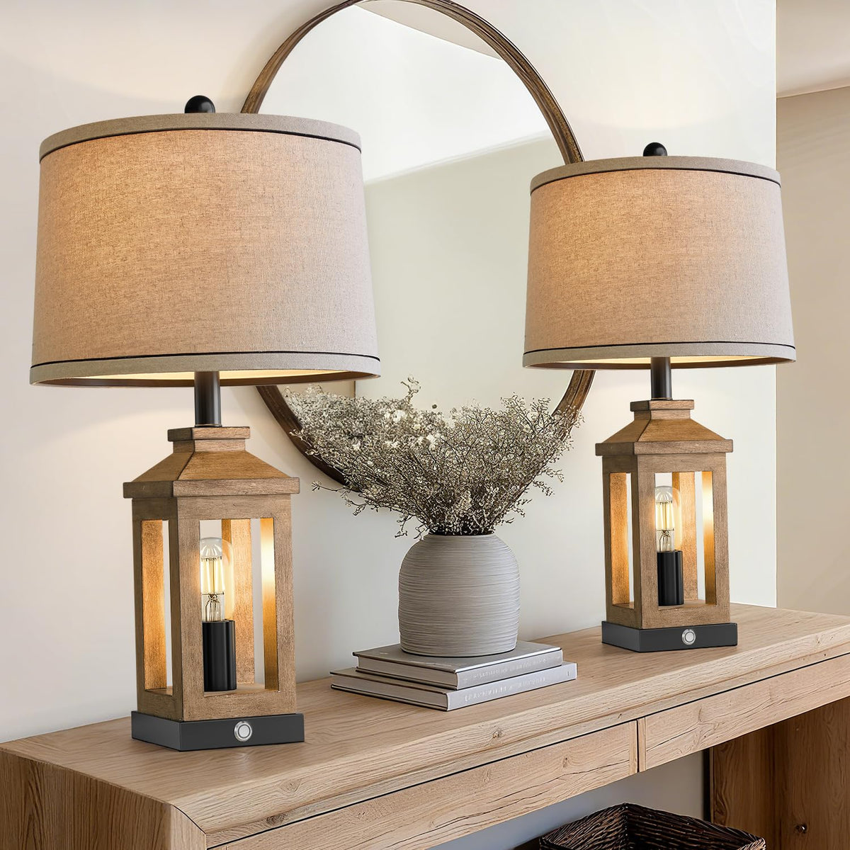 BOBOMOMO 23.75" Natural Wood Farmhouse Table Lamps Set of 2 – Retro Nightstand Lamps with 3 Way Dimmable Touch Control Night Light & USB A+C Ports, Rustic Lamps for Living Room, Bedroom, Entryway