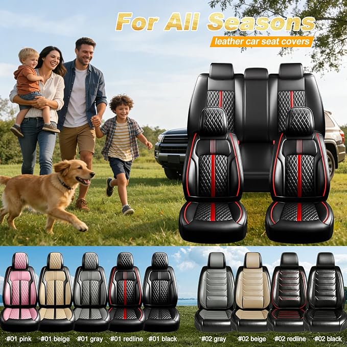 Fit HR-V Car Seat Covers for Select Honda HRV 2016-2025 2026 LX/EX/EXL/Sport - Full Coverage Leather, Waterproof & All Weather Seat Cushion Protector, Full Set, Black with Red Trim