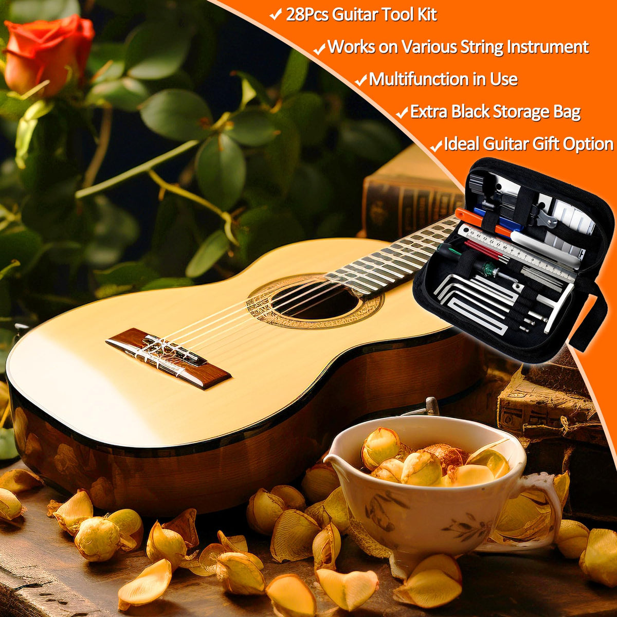 28Pcs Guitar Tool Kit, Guitar Accessories Gifts for Men, Guitar Maintenance Kit with Carry Bag, Guitar Repair Kit for Acoustic Electric Guitar Ukulele Bass Banjo, TIMDAM Guitar Setup Kit Guitar Gifts