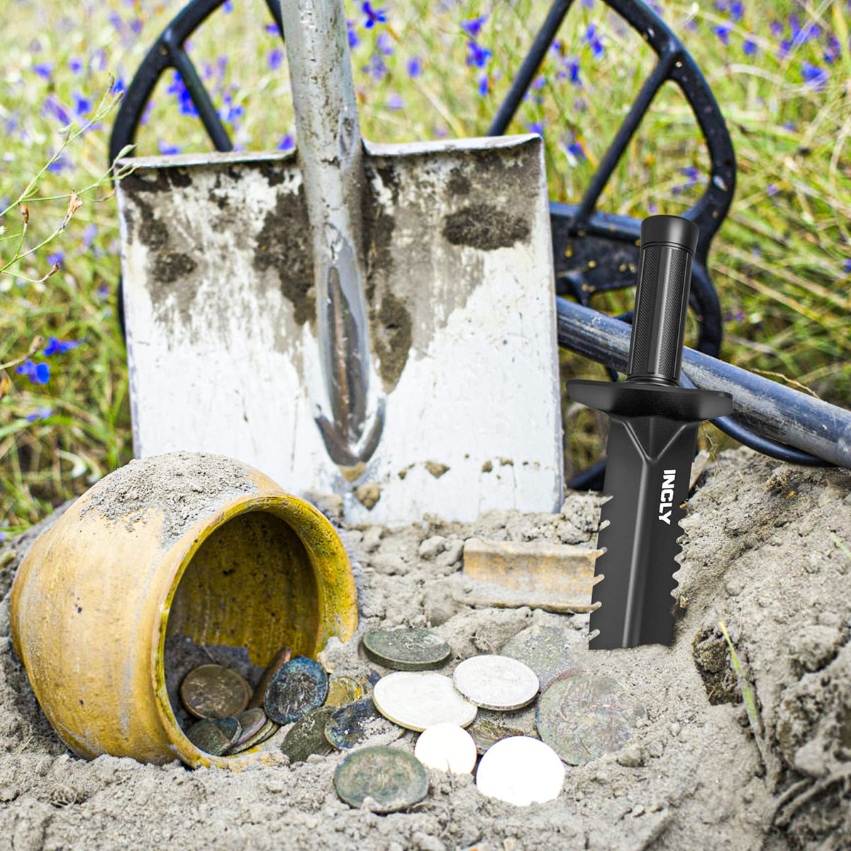 INCLY Metal Detector Shovel, Heavy Duty Double Serrated Edge Digging Tool
