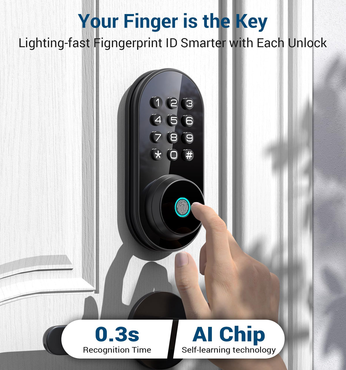 TEEHO TE342 Fingerprint Smart Keyless Entry Door Lock with Keypad, Bluetooth App Remote Control - Electronic Deadbolt for Front Door - Auto Lock - Matte Black