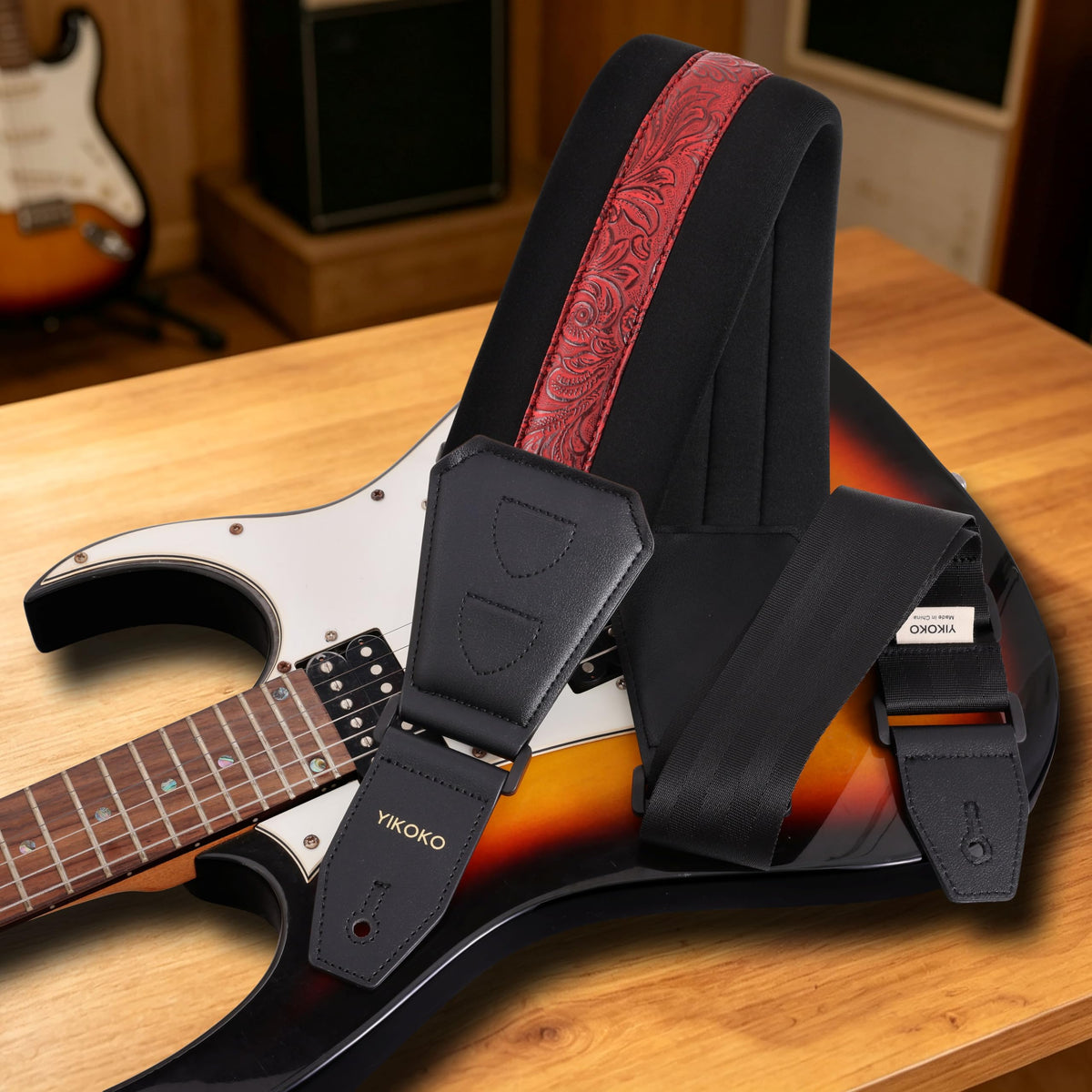 YIKOKO Bass Guitar Straps for Electric Guitar & Bass 3.6" Wide Padded Straps, Adjustable, Retro Vegan Leather Design with Sponge Filled Foam Pad, with 4 Picks and 2 Strap Locks
